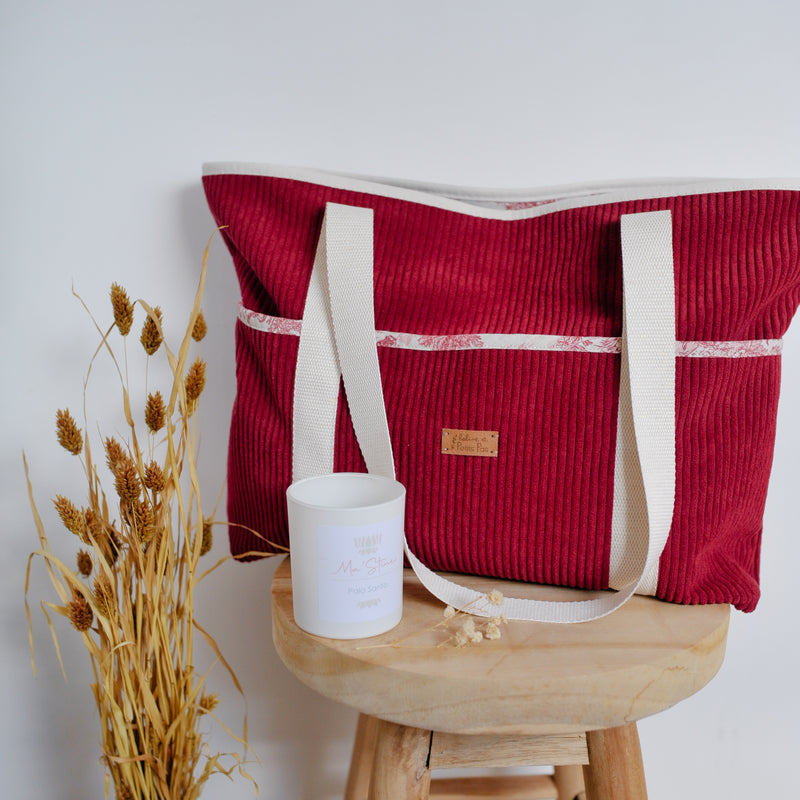 Sac cabas - Velours côtelé Bordeaux et Jouy – Pièce Unique