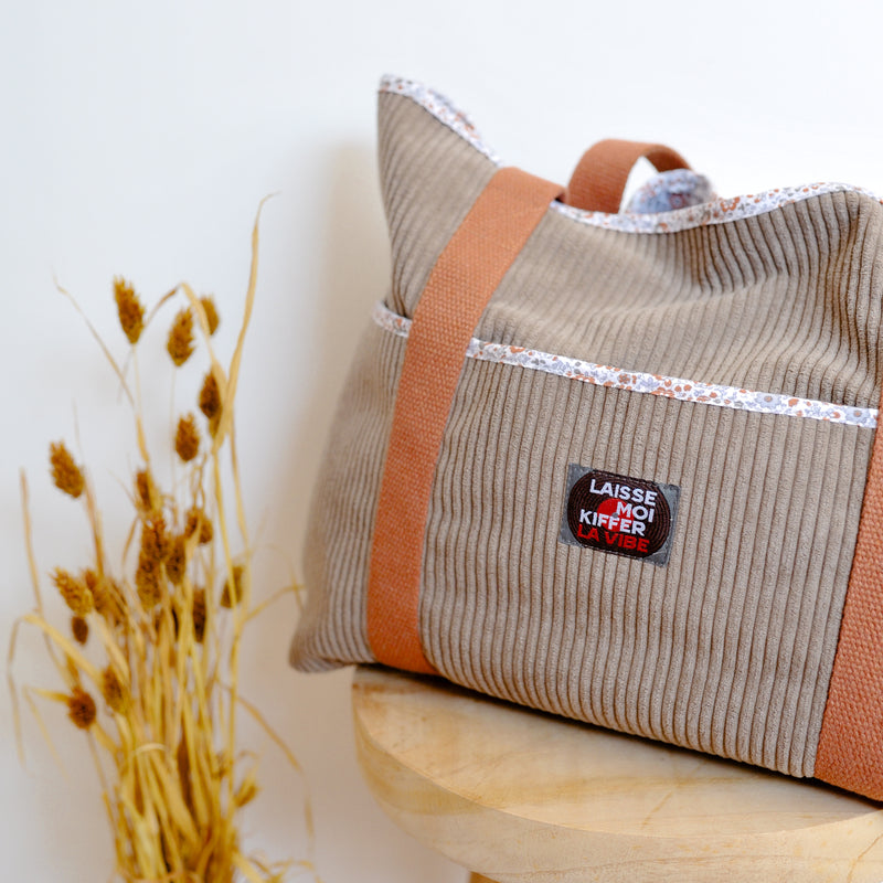 Sac cabas - Velours côtelé taupe et imprimé Line – Pièce Unique