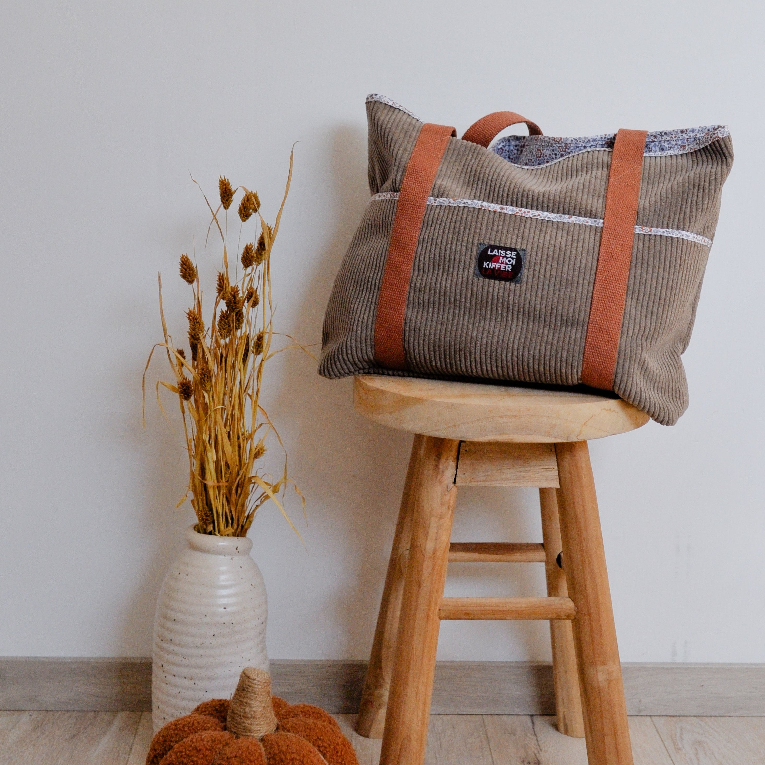 Sac cabas - Velours côtelé taupe et imprimé Line – Pièce Unique