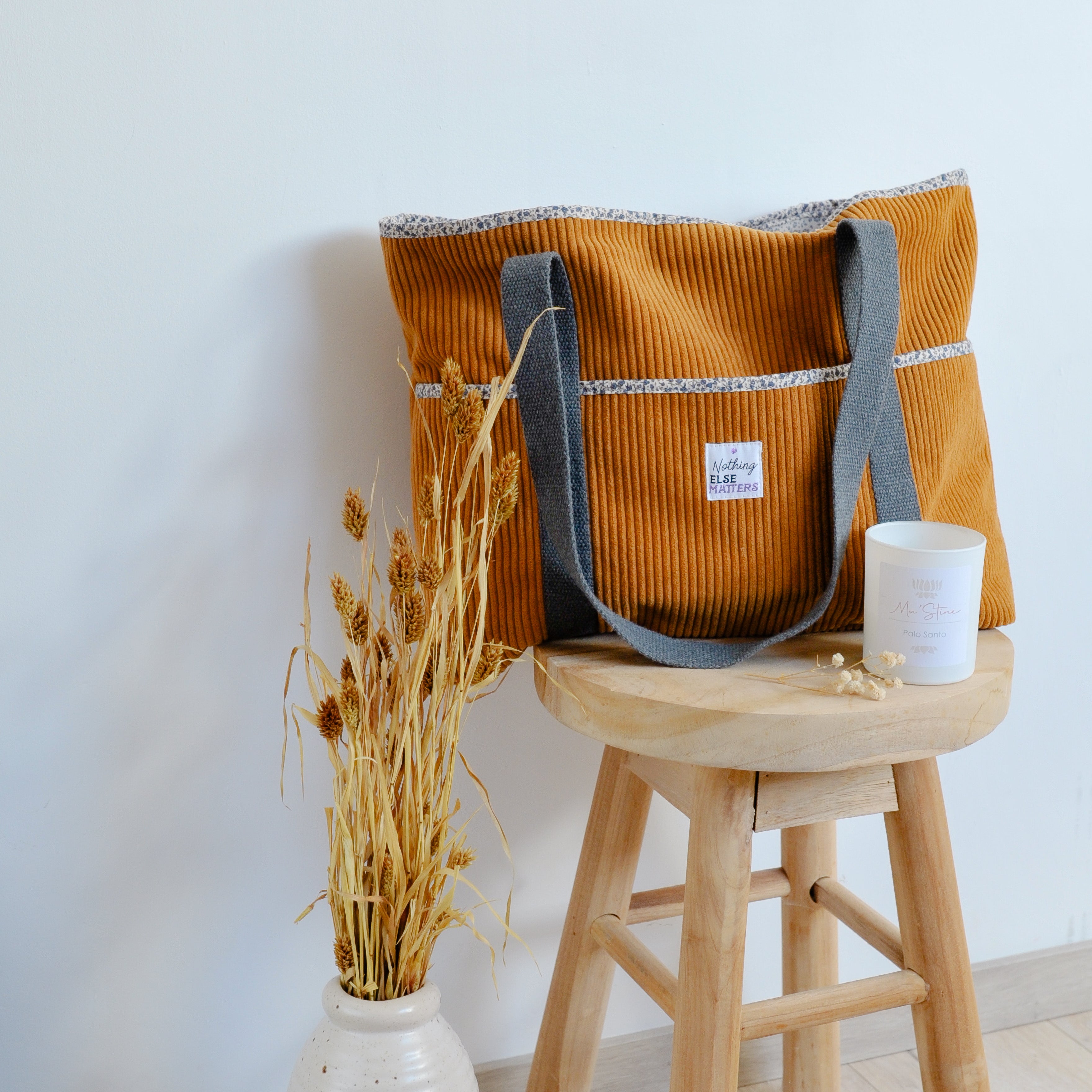 Sac cabas - Velours côtelé Caramel et imprimé fleuri – Pièce Unique