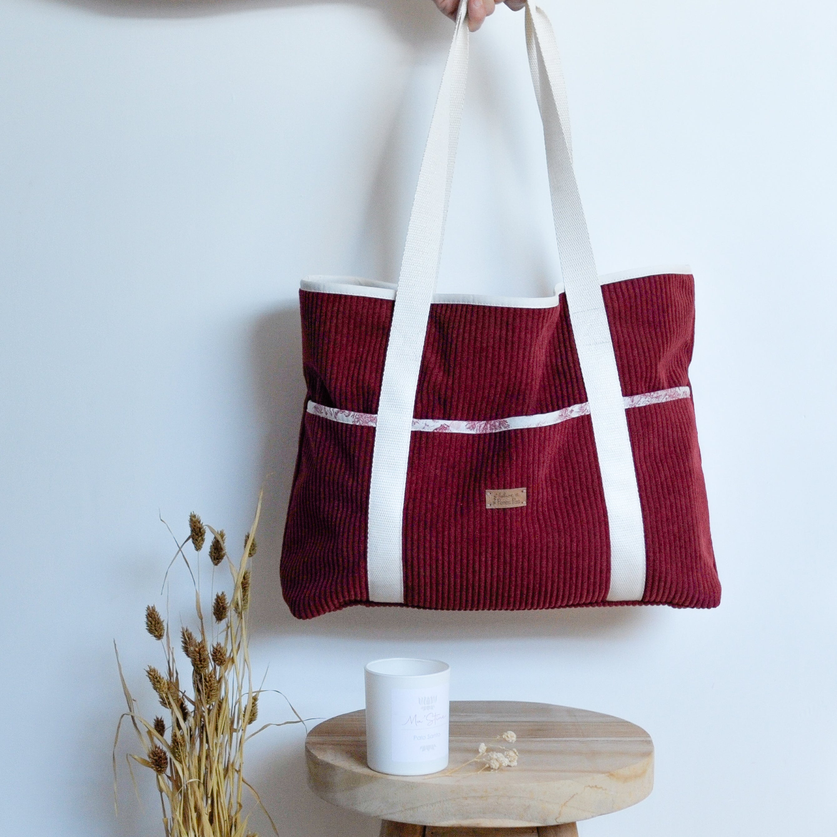 Sac cabas - Velours côtelé Bordeaux et Jouy – Pièce Unique
