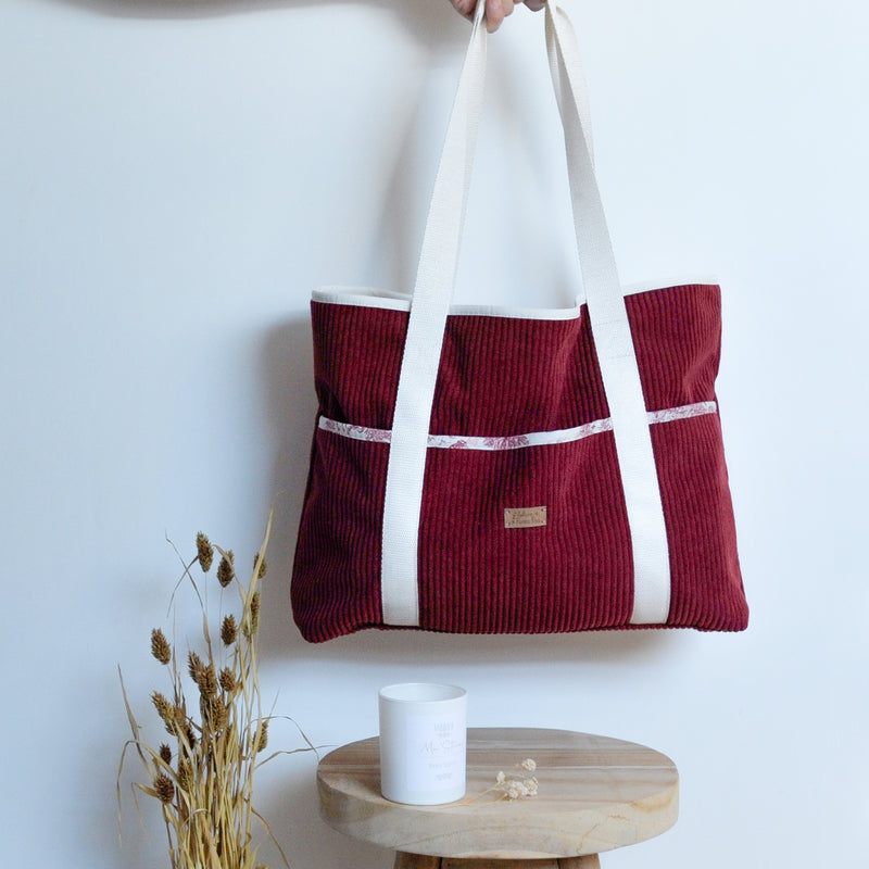 Sac cabas - Velours côtelé Bordeaux et Jouy – Pièce Unique