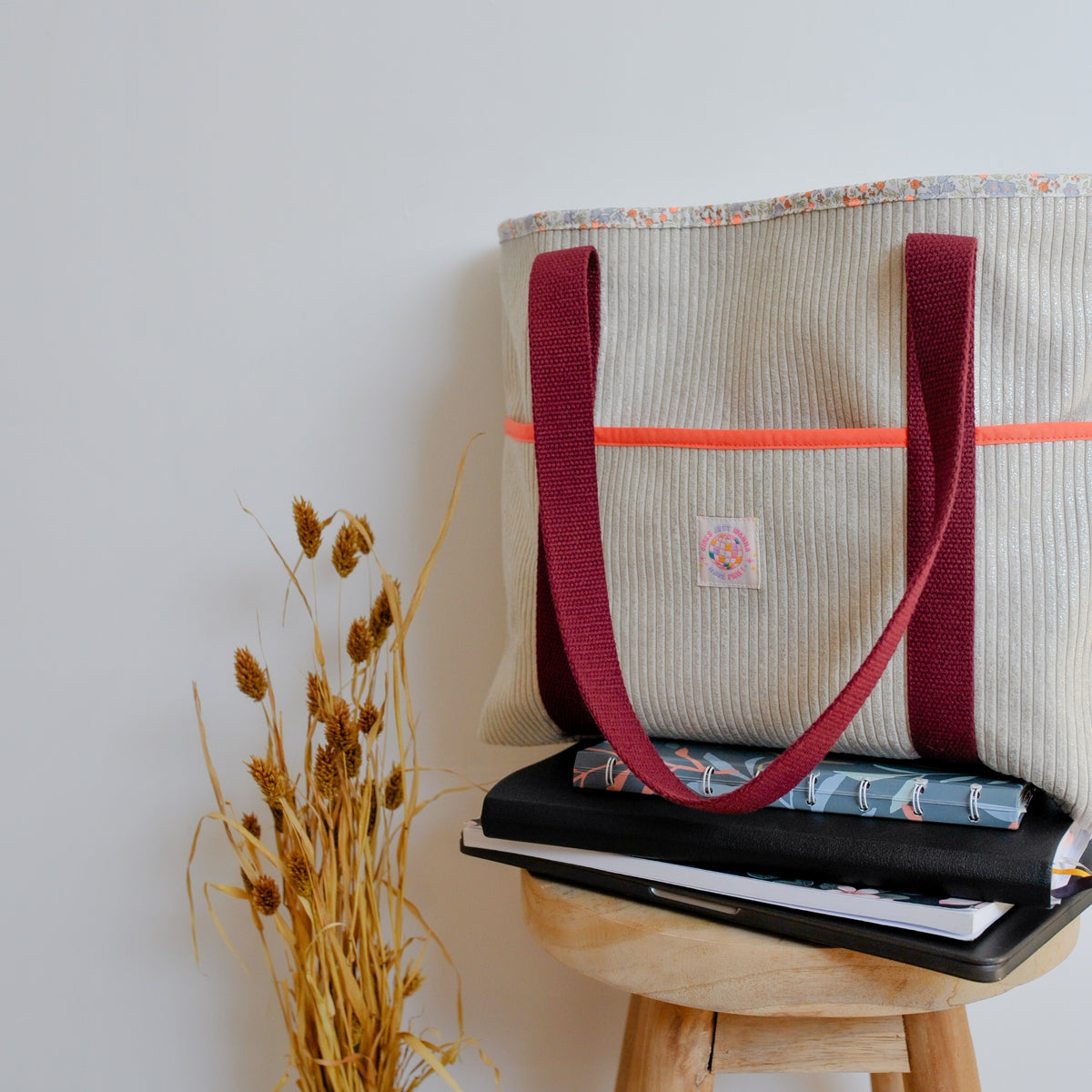 Sac cabas - Velours côtelé beige argenté et Oréa – Pièce Unique