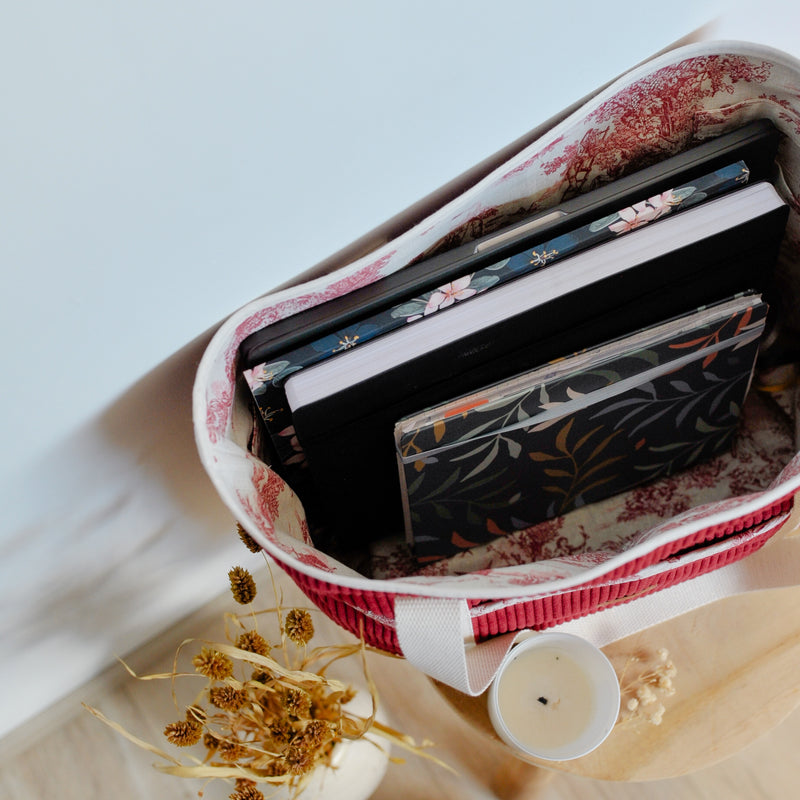 Sac cabas - Velours côtelé Bordeaux et Jouy – Pièce Unique