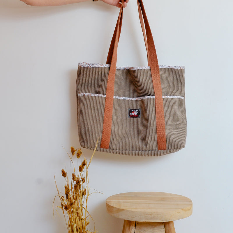 Sac cabas - Velours côtelé taupe et imprimé Line – Pièce Unique
